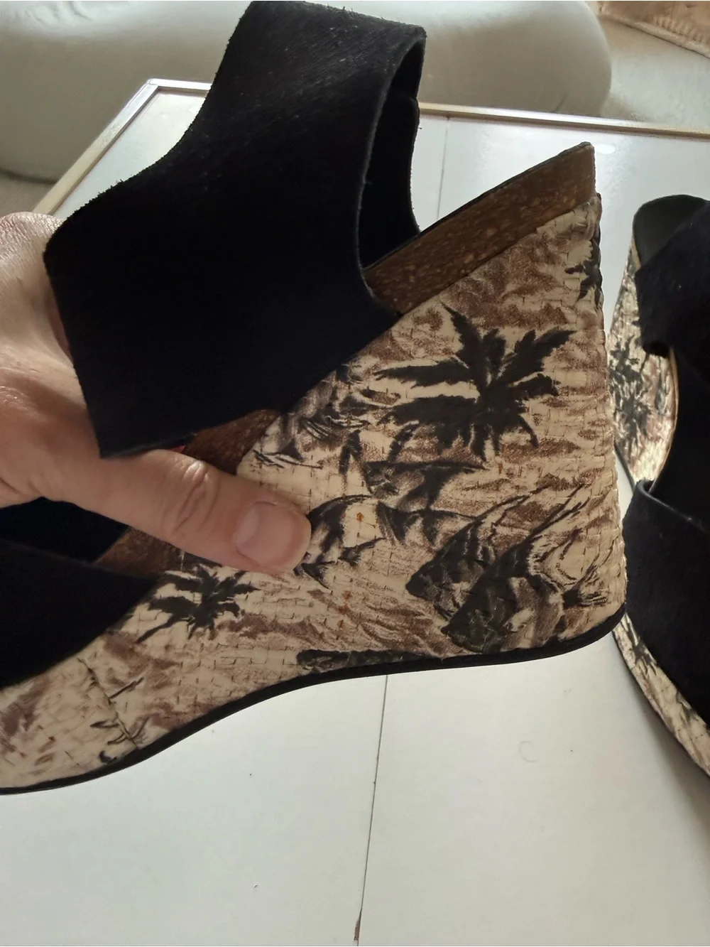 Pedro Garcia Black Suede Wedge Sandals with Patterned Cork Platform